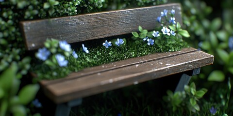 Naklejka premium Wooden Bench with Blue Flowers in Lush Greenery