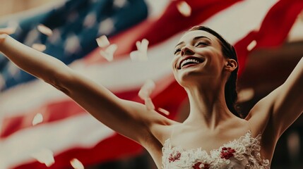 Naklejka premium Woman in white dress smiling with arms raised. Large usa flag in background. Celebrating win, success. Victory. American. Old glory. 