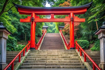 Forced perspective view of a red torii gate in front of stairs at a Japanese shrine