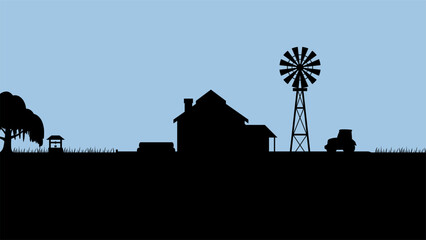 Landscape illustration of farmhouse silhouette and windmill