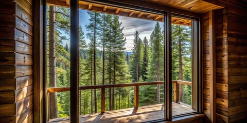 Forced perspective view of trees through cabin window