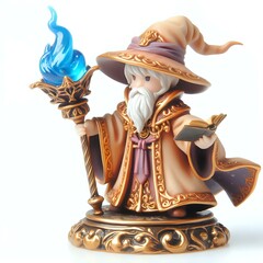 a mini figure of wizard with wand and book isolated on white