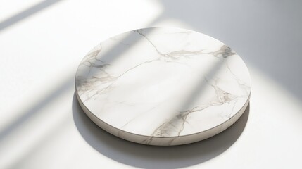 Soft natural light on a round marble surface with artistic shadows on a plain white background.