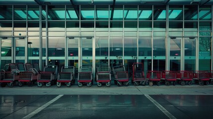 Row of empty luggage carts lined up outside airport terminal. Travel convenience, airport services, luggage handling, and passenger support.