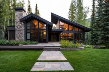 Sustainable luxury home showcasing bold contrast of stone and modern design for eco-conscious living.