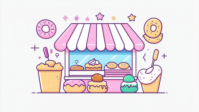 recommend clip art: Delight in vibrant dessert stand featuring colorful cupcakes, ice cream, and donuts, all illustrated in playful, neon outline style