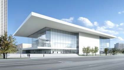 Conceptual view of a sleek, white modern building with glass facades and transparent blueprint overlays, showcasing contemporary architecture