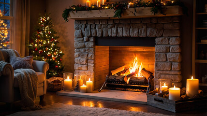 Cozy Christmas fireplace with stockings hanging, candles, and a glowing fire, creating a warm and inviting holiday atmosphere