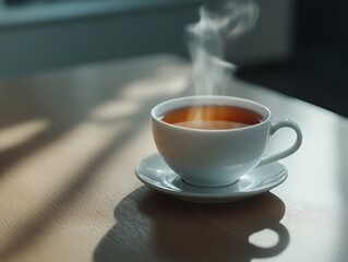 Fototapeta premium Warm cup of tea on a rustic wooden table with steam rising, inviting comfort and serenity.