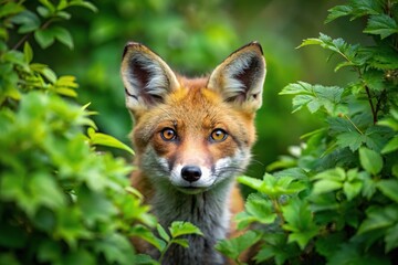 Fototapeta premium Curious red fox peeking through dense green forest foliage