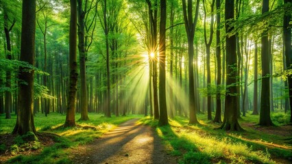 Fototapeta premium Forest scene with sunlight filtering through tall trees casting a green glow on the ground