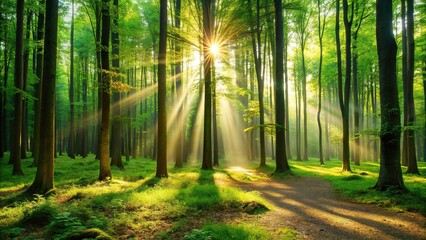 Obraz premium Forest scene with tall trees and sunlight filtering through foliage casting a green glow on the ground