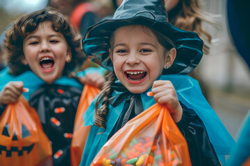 Children wearing halloween witch costume, Generative AI
