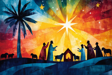 Naklejka premium illustrated wallpaper showing shepherds joyfully sharing news, Christs birth surrounded by their flock under vibrant star