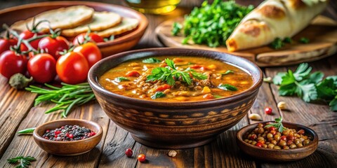 Fototapeta premium Delicious Lentil Soup with Fresh Pita Bread - Cozy Comfort Food for Healthy Eating, Vegetarian Options, Nutritious Meal, Homemade Recipe, Warm Dish, Culinary Delight, Gourmet Experience