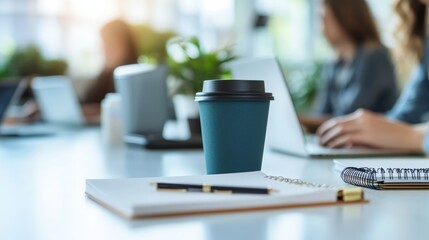 A collaborative workspace featuring a large table with laptops, notebooks