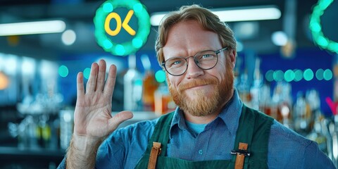 Friendly Barman in Glasses Waving Hello at Bar Counter