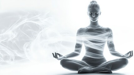A woman is sitting in a lotus position with her hands on her knees