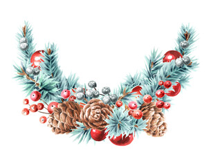 Obraz premium Christmas wreath made of branches of blue spruce and Nw Year's tree decorations. Watercolor real hand drawn illustration isolated on white background