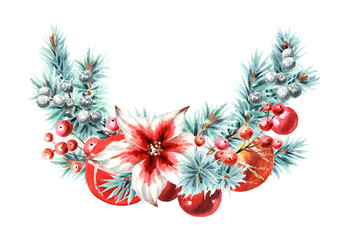 Christmas wreath made of branches of blue spruce and Nw Year's tree decorations. Watercolor real hand drawn illustration, isolated on white background