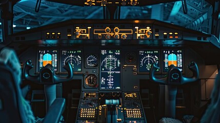 Airplane cockpit with illuminated control panel and flight instruments. Navigation systems, aviation technology, aircraft controls, cockpit interface, piloting, flight operations, and instrument panel