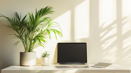 A minimalist workspace with a laptop, tablet, and a potted plant