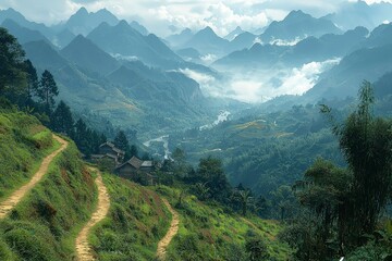 Fototapeta premium Winding Path Through Misty Mountain Valley with Terraced Rice Fields
