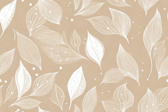 Seamless beige vector pattern with white droplets and monochrome abstract floral motifs, elegant monotone background design for digital and print use