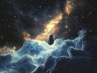 Abstract oil painting of an astronaut standing on the edge space concept