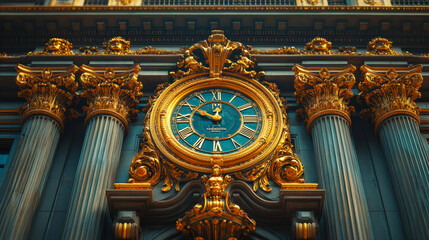 Ornate Architectural Clock Facade with Intricate Column Details and Roman Numerals