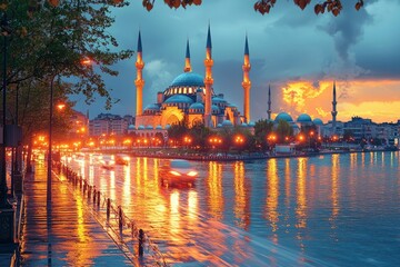 Obraz premium Illuminated Mosque and Cityscape Reflected in Water at Dusk
