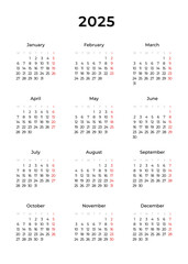 Vertical annual calendar template for 2025 year. Week Starts on Monday. Business calendar in a minimalist style for 2025 year. Vector