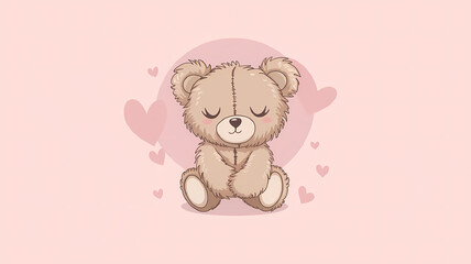 Sweet Hand-Drawn Teddy Bear with Hearts on Pink Background