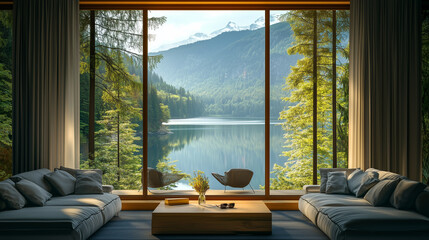 view of interior living room with lake and mountain outside the window