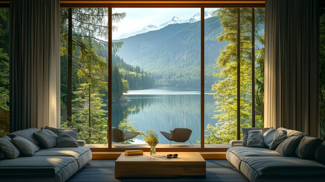 Fototapeta view of interior living room with lake and mountain outside the window