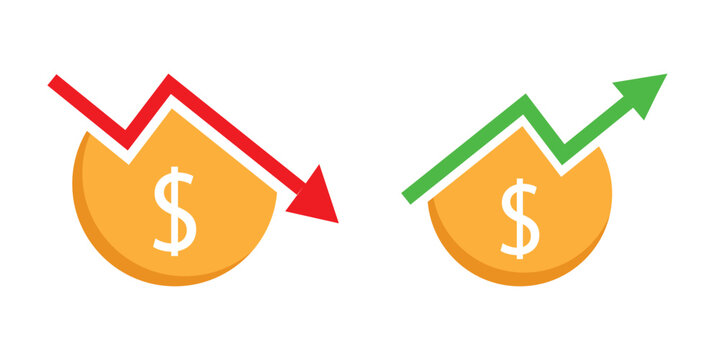 price, rate, profit increase and decrease icon, set of cost symbol dollar, money, coin sign with arrow up and down