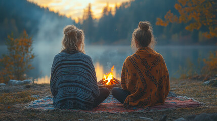 Spiritual Retreat Gathering: Women Meditating Around Campfire in Nature During Shamanic Experience