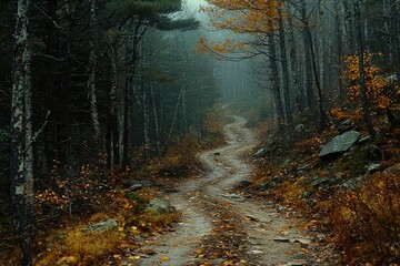 Obraz premium Winding Path Through Foggy Autumn Forest