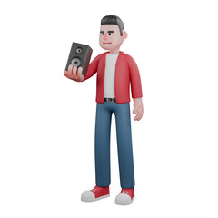 Professional Male Music Character. A male singer is standing and carrying a speaker. 3D Singer