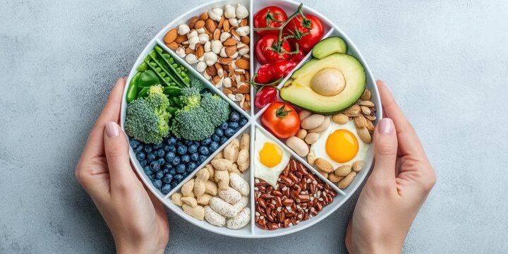 Nutritionist demonstrates portion control with balanced diet plate for healthy eating