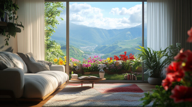 Fototapeta view of interior living room with mountain outside the window