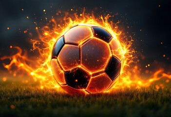 Fototapeta premium Illustration of the soccer ball enveloped in flames of fire isolated on black background. 
