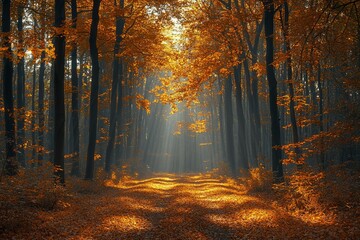 Fototapeta premium Sunbeams Illuminating a Path Through a Misty Autumn Forest