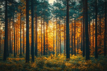 Obraz premium Golden Sunlight Filtering Through a Dense Pine Forest