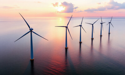 Green, ecological renewable energies.A tranquil aerial view of seven wind turbines in the ocean at sunset, blades motionless under a Mediterranean sky.Sunset Stillness