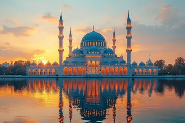 Obraz premium A Mosque Reflecting in a Still Lake at Sunset
