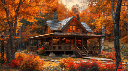 Naklejka premium An enchanting wooden house with a wraparound porch, surrounded by vibrant fall foliage for Thanksgiving.