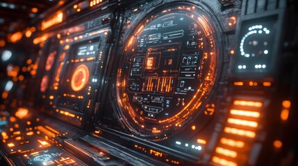 Fototapeta premium Futuristic control panel with glowing elements and intricate design.