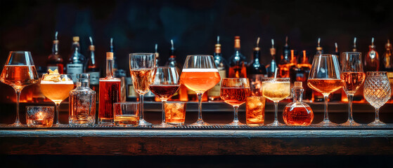 A vibrant collection of various alcoholic drinks displayed on a rustic bar counter illuminated against a dark background, showcasing distinct glass types