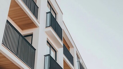 Fototapeta premium Modern apartment facade with sleek black railings and warm wood accents, showcasing minimalist architecture and contemporary urban living